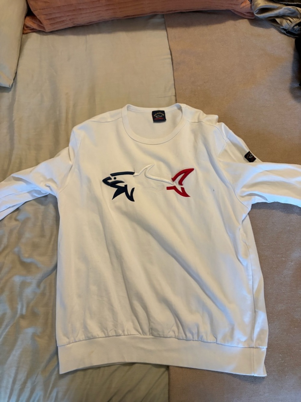 Paul & Shark White Crewneck Sweatshirt with Red, Navy & White Shark Motif